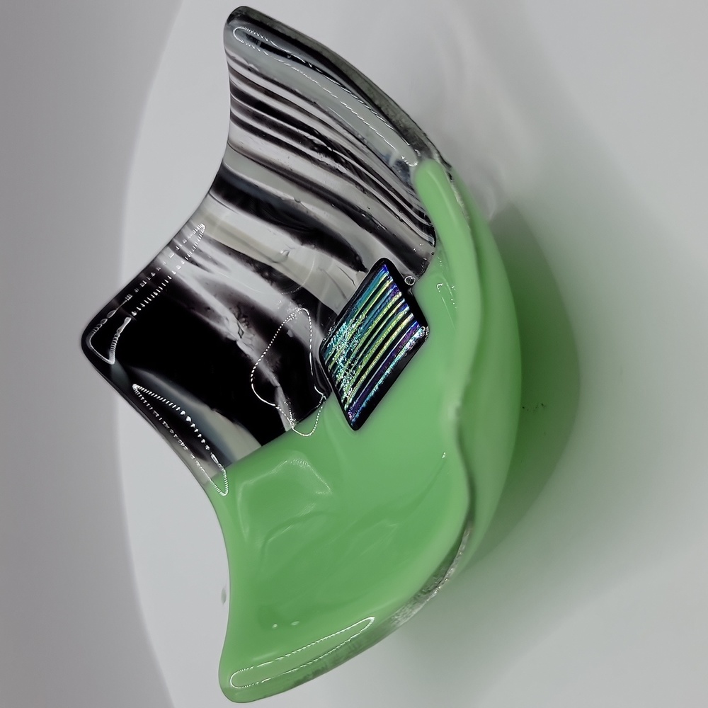 Glass Fused Signed Trinket Dish in Green and Black